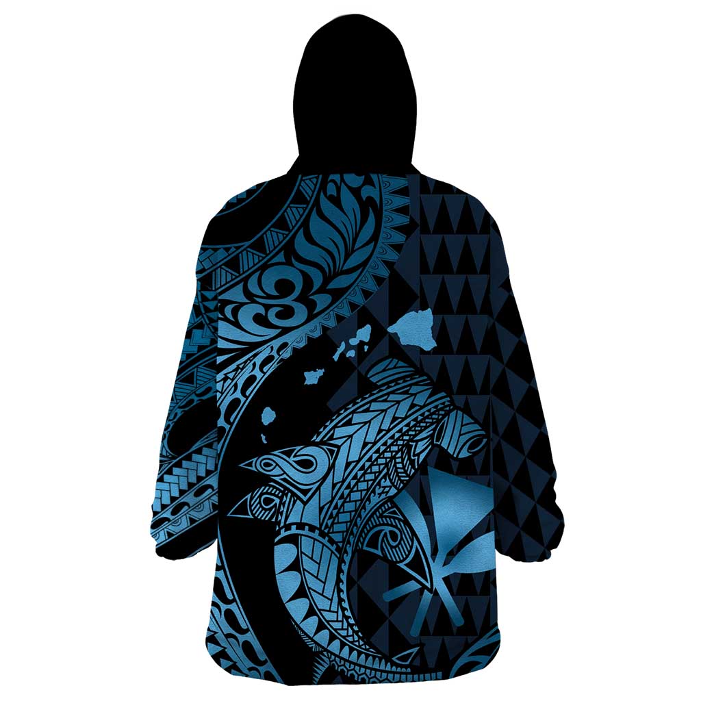 Aloha Hawaii Hammerhead Shark Wearable Blanket Hoodie Blue Kakau and Polynesian Tattoo LT03