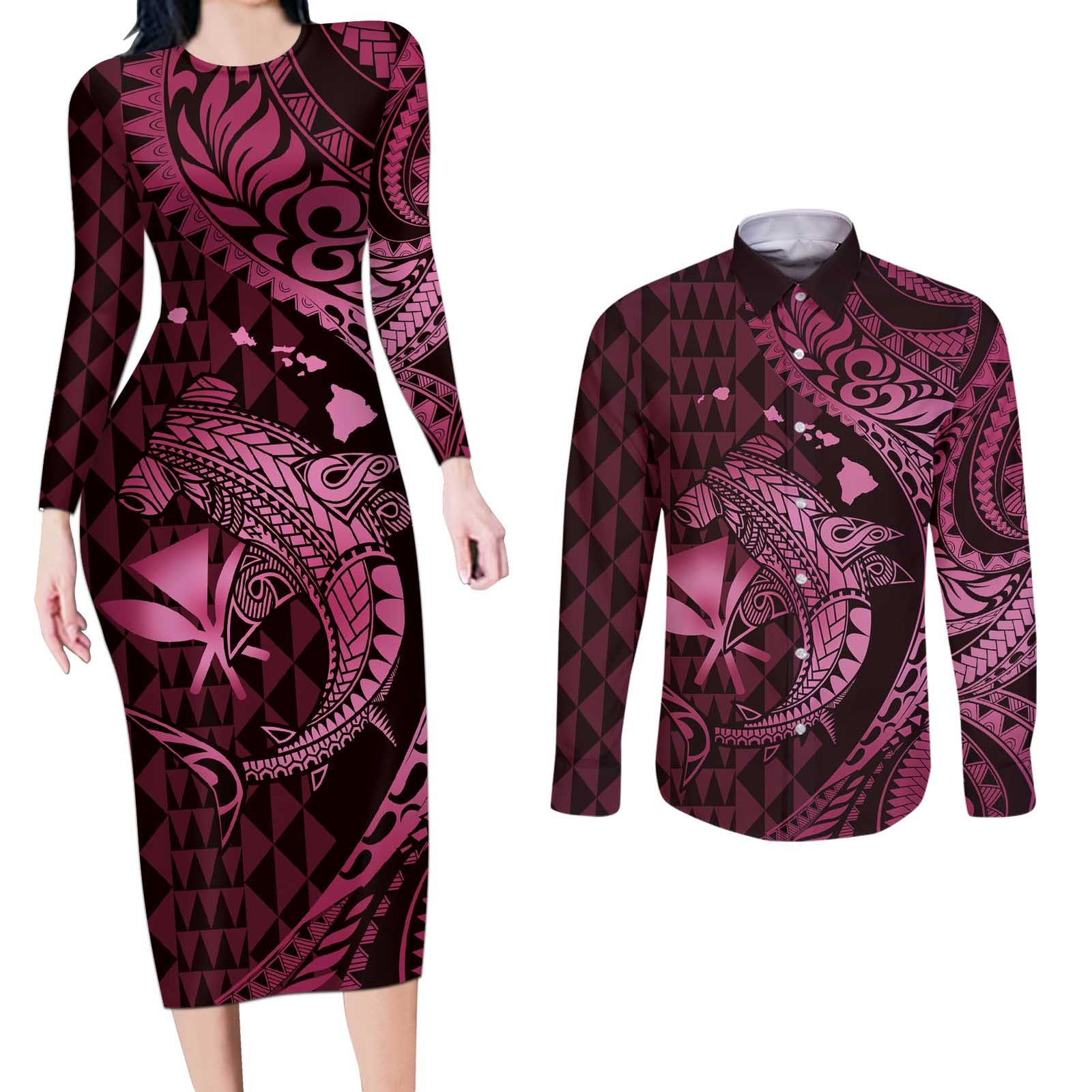 Aloha Hawaii Hammerhead Shark Couples Matching Long Sleeve Bodycon Dress and Long Sleeve Button Shirt Pink Kakau and Polynesian Tattoo LT03 Pink - Polynesian Pride