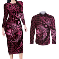 Aloha Hawaii Hammerhead Shark Couples Matching Long Sleeve Bodycon Dress and Long Sleeve Button Shirt Pink Kakau and Polynesian Tattoo LT03
