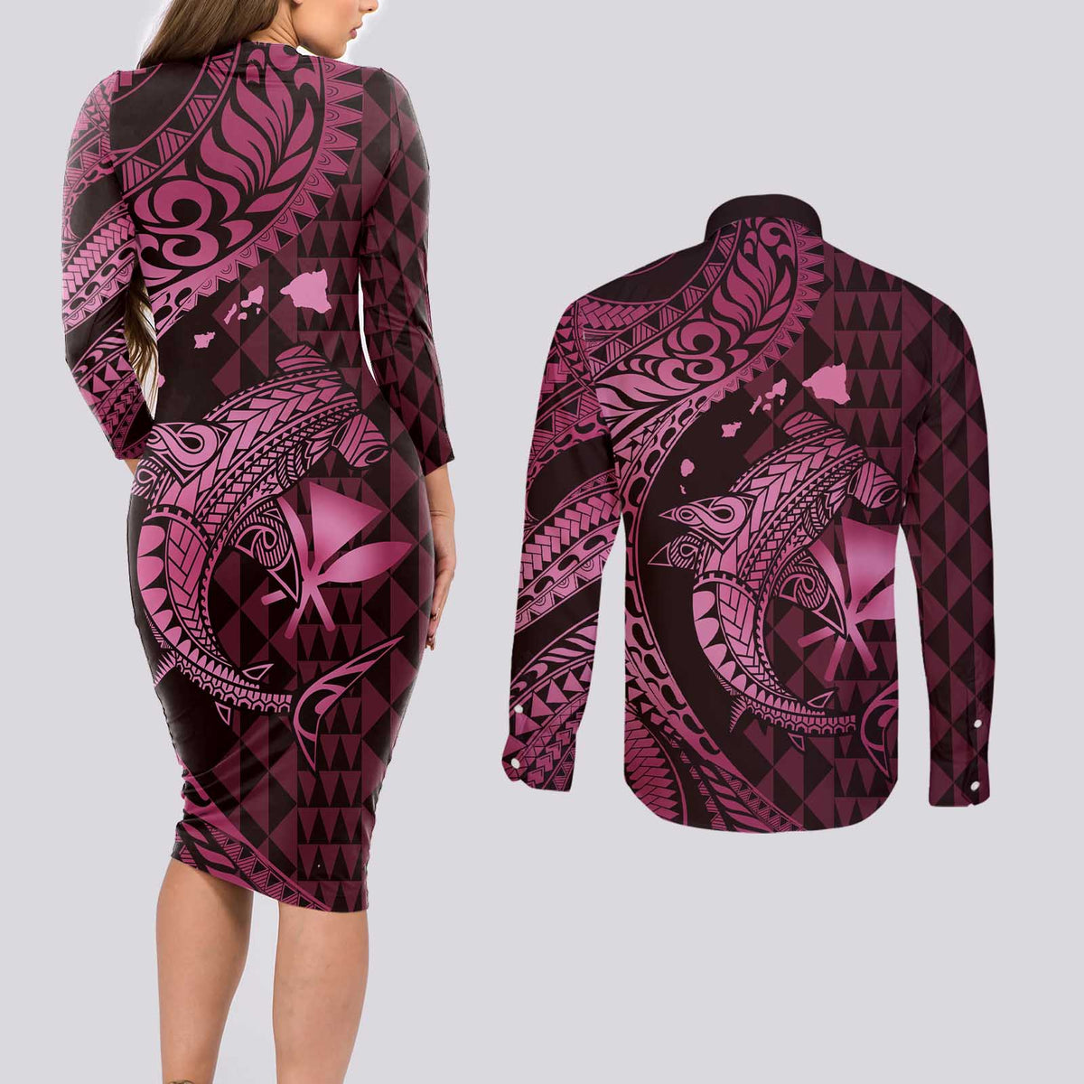 Aloha Hawaii Hammerhead Shark Couples Matching Long Sleeve Bodycon Dress and Long Sleeve Button Shirt Pink Kakau and Polynesian Tattoo LT03