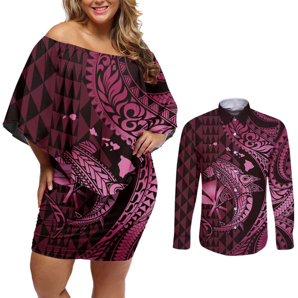 Aloha Hawaii Hammerhead Shark Couples Matching Off Shoulder Short Dress and Long Sleeve Button Shirt Pink Kakau and Polynesian Tattoo LT03 Pink - Polynesian Pride