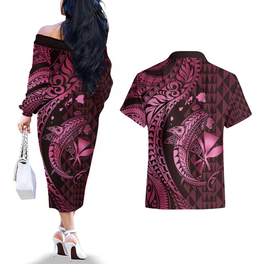 Aloha Hawaii Hammerhead Shark Couples Matching Off The Shoulder Long Sleeve Dress and Hawaiian Shirt Pink Kakau and Polynesian Tattoo LT03
