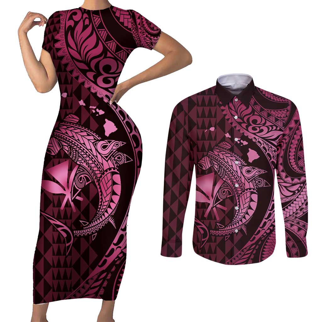 Aloha Hawaii Hammerhead Shark Couples Matching Short Sleeve Bodycon Dress and Long Sleeve Button Shirt Pink Kakau and Polynesian Tattoo LT03 Pink - Polynesian Pride