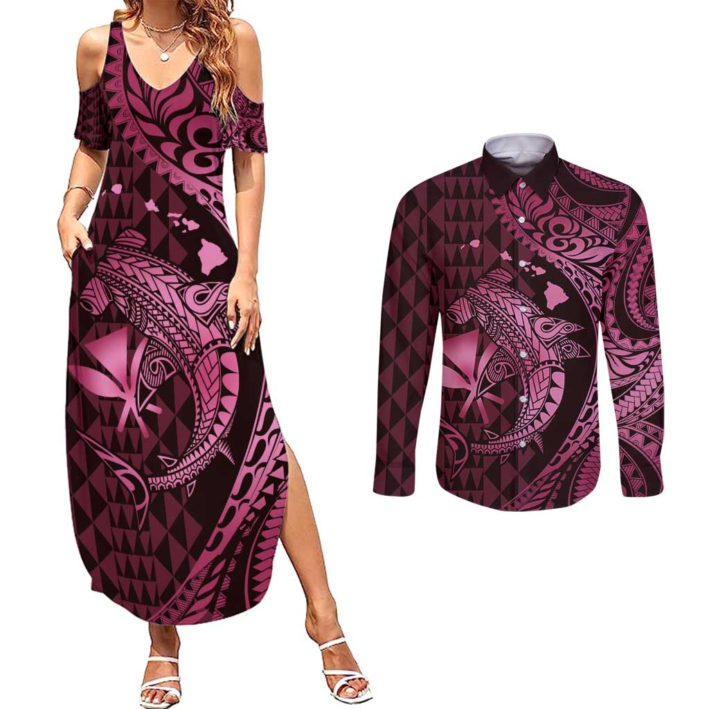 Aloha Hawaii Hammerhead Shark Couples Matching Summer Maxi Dress and Long Sleeve Button Shirt Pink Kakau and Polynesian Tattoo LT03