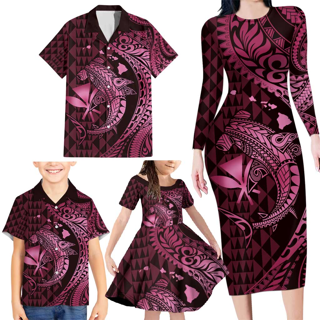 Aloha Hawaii Hammerhead Shark Family Matching Long Sleeve Bodycon Dress and Hawaiian Shirt Pink Kakau and Polynesian Tattoo LT03 - Polynesian Pride