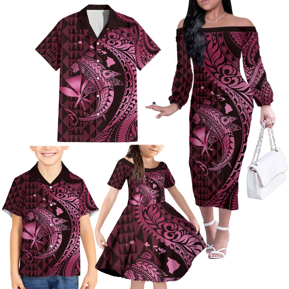 Aloha Hawaii Hammerhead Shark Family Matching Off The Shoulder Long Sleeve Dress and Hawaiian Shirt Pink Kakau and Polynesian Tattoo LT03 - Polynesian Pride