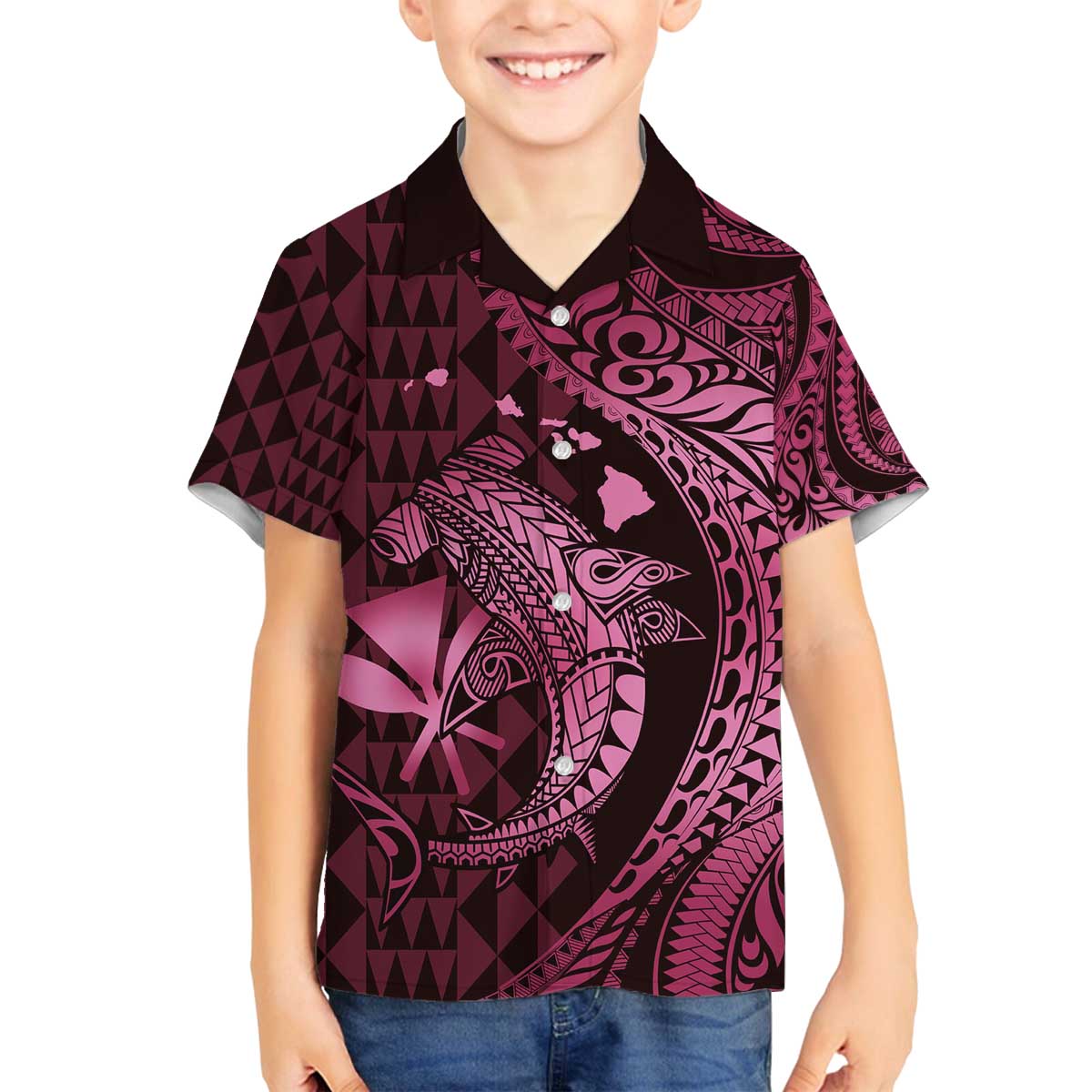 Aloha Hawaii Hammerhead Shark Family Matching Puletasi and Hawaiian Shirt Pink Kakau and Polynesian Tattoo LT03