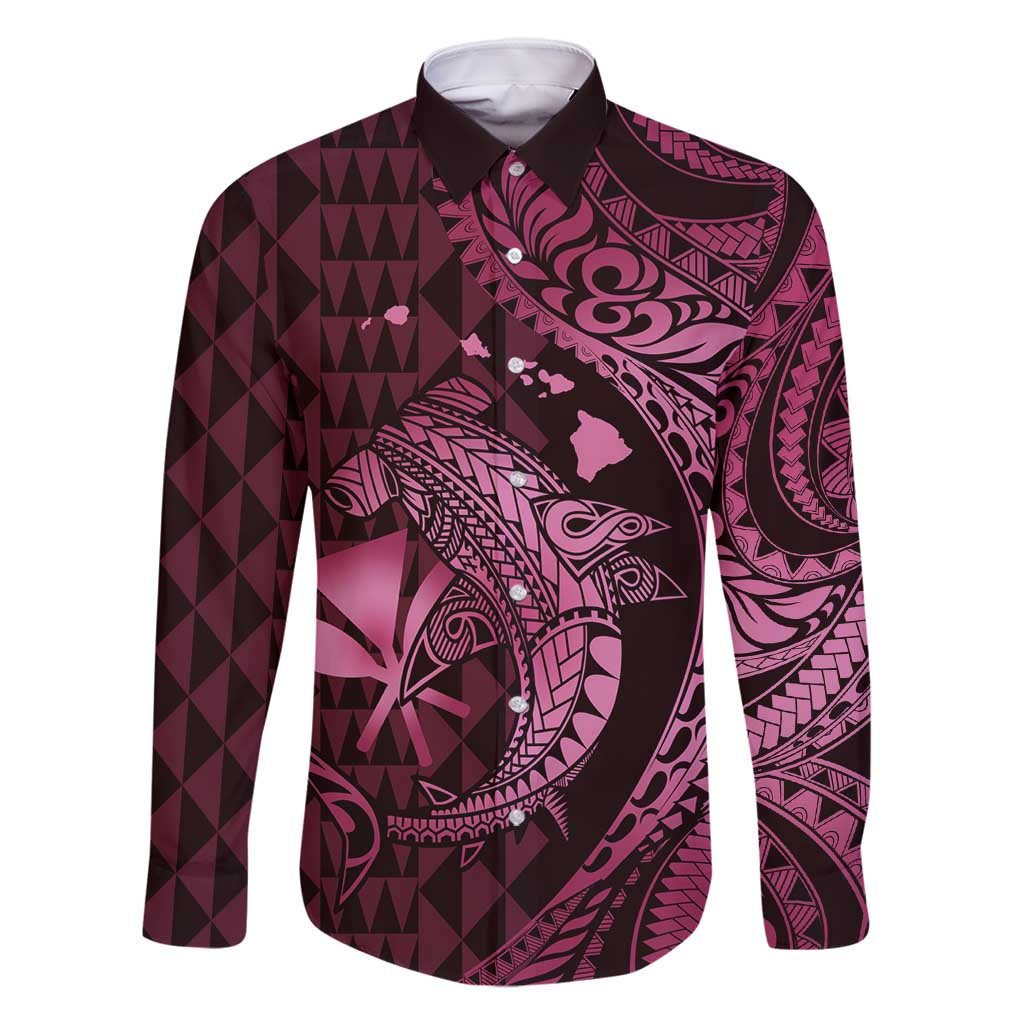 Aloha Hawaii Hammerhead Shark Family Matching Tank Maxi Dress and Hawaiian Shirt Pink Kakau and Polynesian Tattoo LT03 Dad's Shirt - Long Sleeve Pink - Polynesian Pride