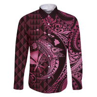 Aloha Hawaii Hammerhead Shark Family Matching Tank Maxi Dress and Hawaiian Shirt Pink Kakau and Polynesian Tattoo LT03 Dad's Shirt - Long Sleeve Pink - Polynesian Pride