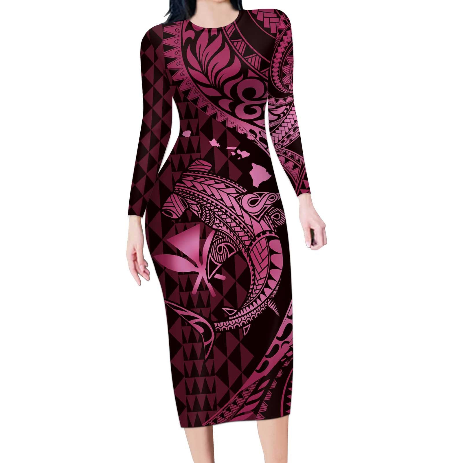 Aloha Hawaii Hammerhead Shark Long Sleeve Bodycon Dress Pink Kakau and Polynesian Tattoo LT03 Long Dress Pink - Polynesian Pride