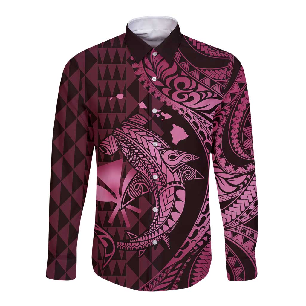 Aloha Hawaii Hammerhead Shark Long Sleeve Button Shirt Pink Kakau and Polynesian Tattoo LT03 Unisex Pink - Polynesian Pride