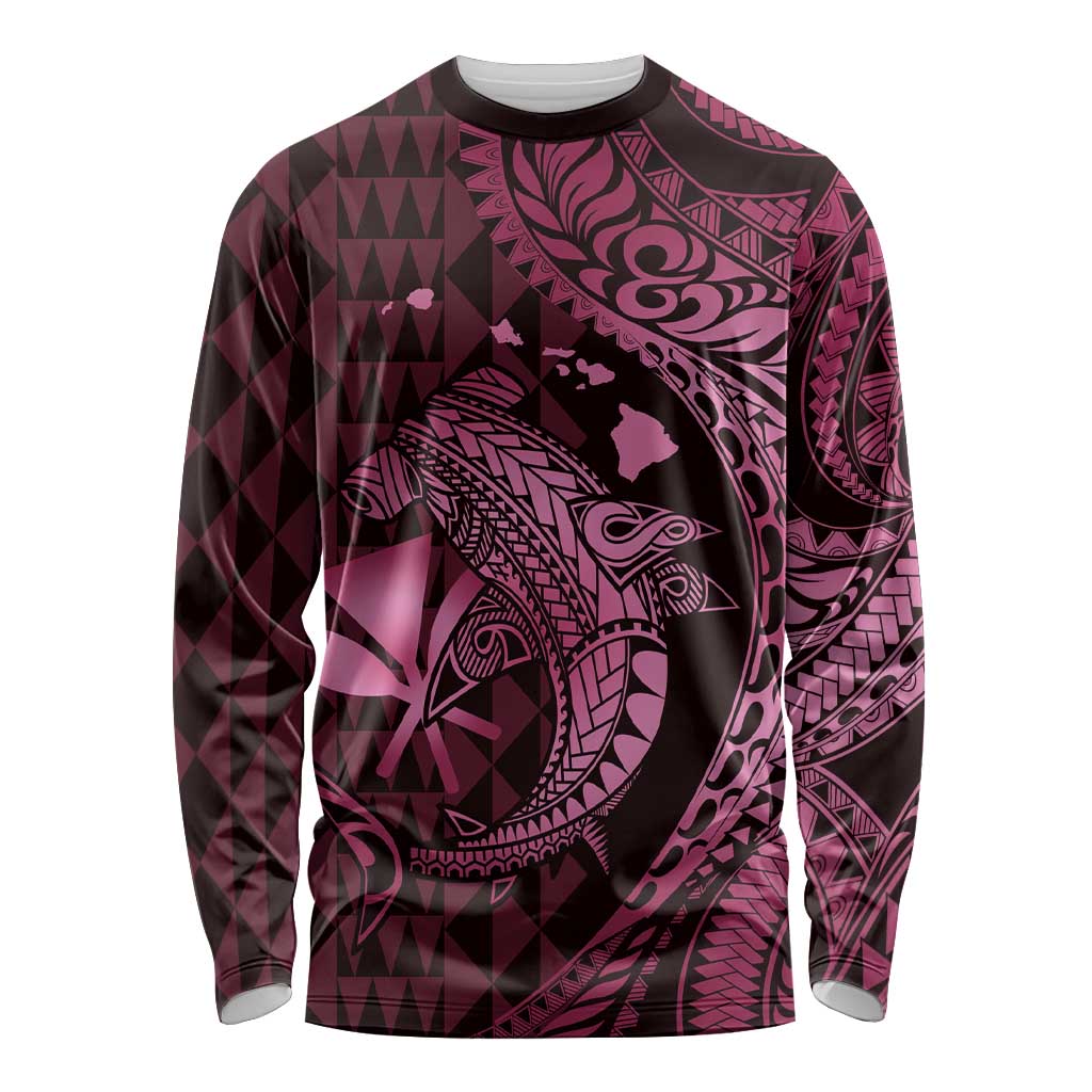 Aloha Hawaii Hammerhead Shark Long Sleeve Shirt Pink Kakau and Polynesian Tattoo LT03 Unisex Pink - Polynesian Pride