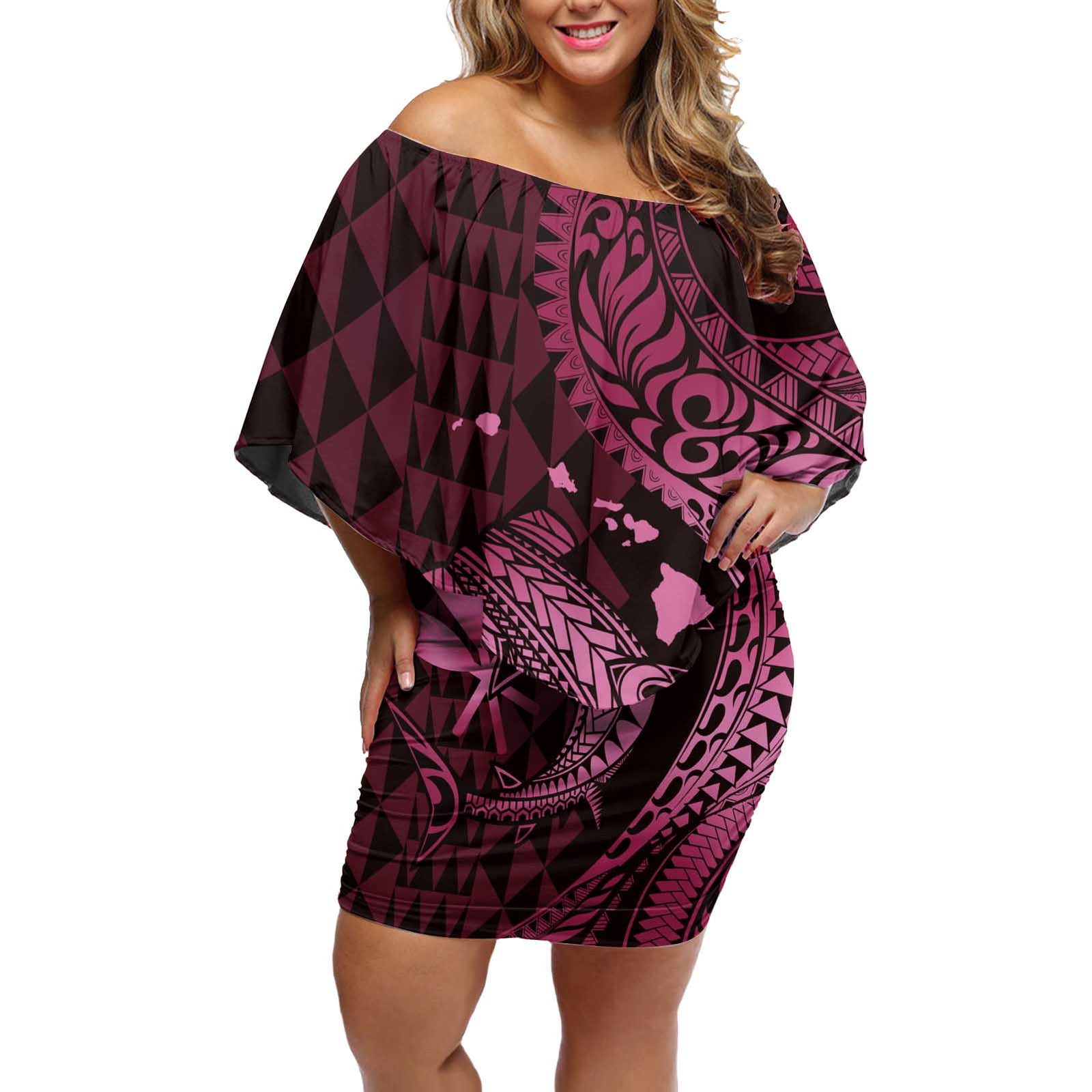 Aloha Hawaii Hammerhead Shark Off Shoulder Short Dress Pink Kakau and Polynesian Tattoo LT03 Women Pink - Polynesian Pride