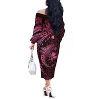 Aloha Hawaii Hammerhead Shark Off The Shoulder Long Sleeve Dress Pink Kakau and Polynesian Tattoo LT03
