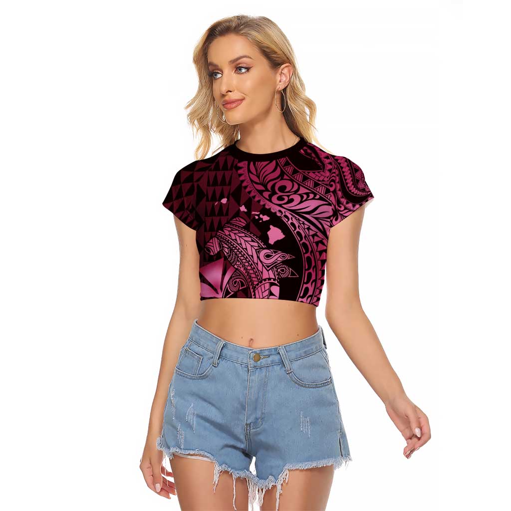 Aloha Hawaii Hammerhead Shark Raglan Cropped T Shirt Pink Kakau and Polynesian Tattoo LT03 Female Pink - Polynesian Pride