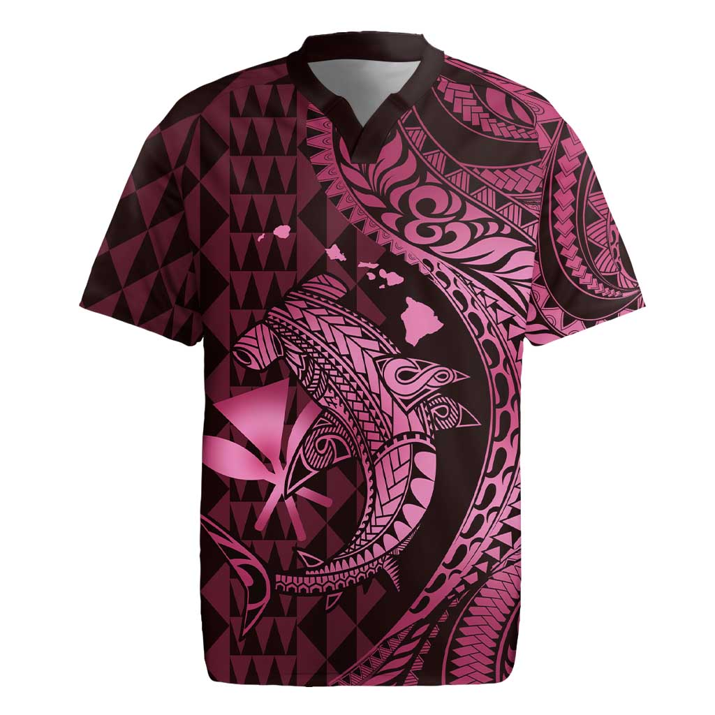 Aloha Hawaii Hammerhead Shark Rugby Jersey Pink Kakau and Polynesian Tattoo LT03