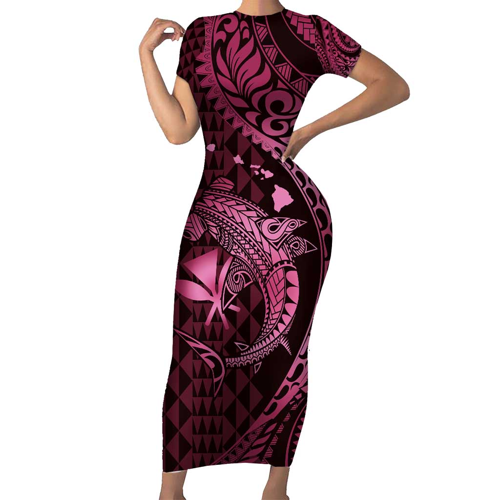 Aloha Hawaii Hammerhead Shark Short Sleeve Bodycon Dress Pink Kakau and Polynesian Tattoo LT03 Long Dress Pink - Polynesian Pride