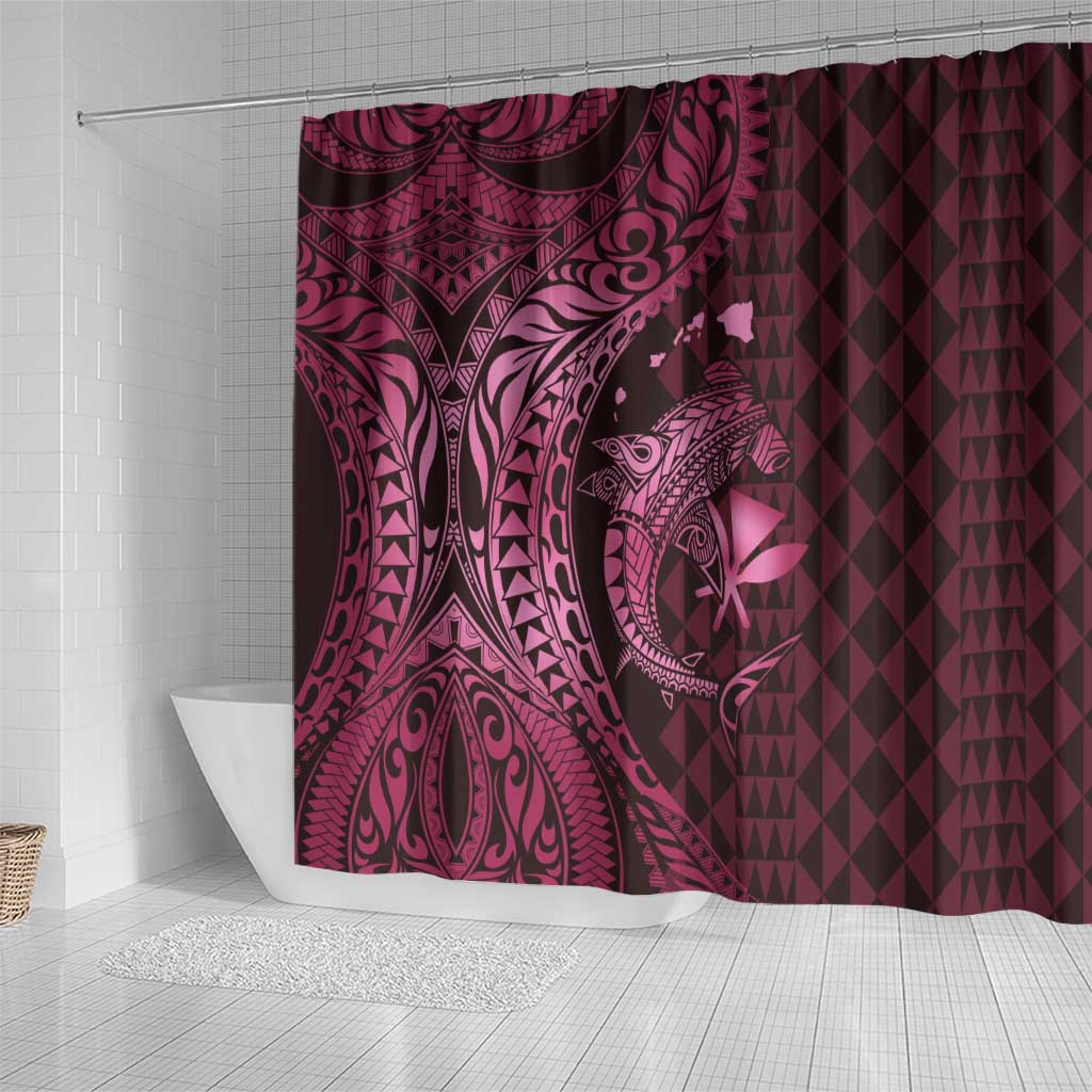 Aloha Hawaii Hammerhead Shark Shower Curtain Pink Kakau and Polynesian Tattoo LT03