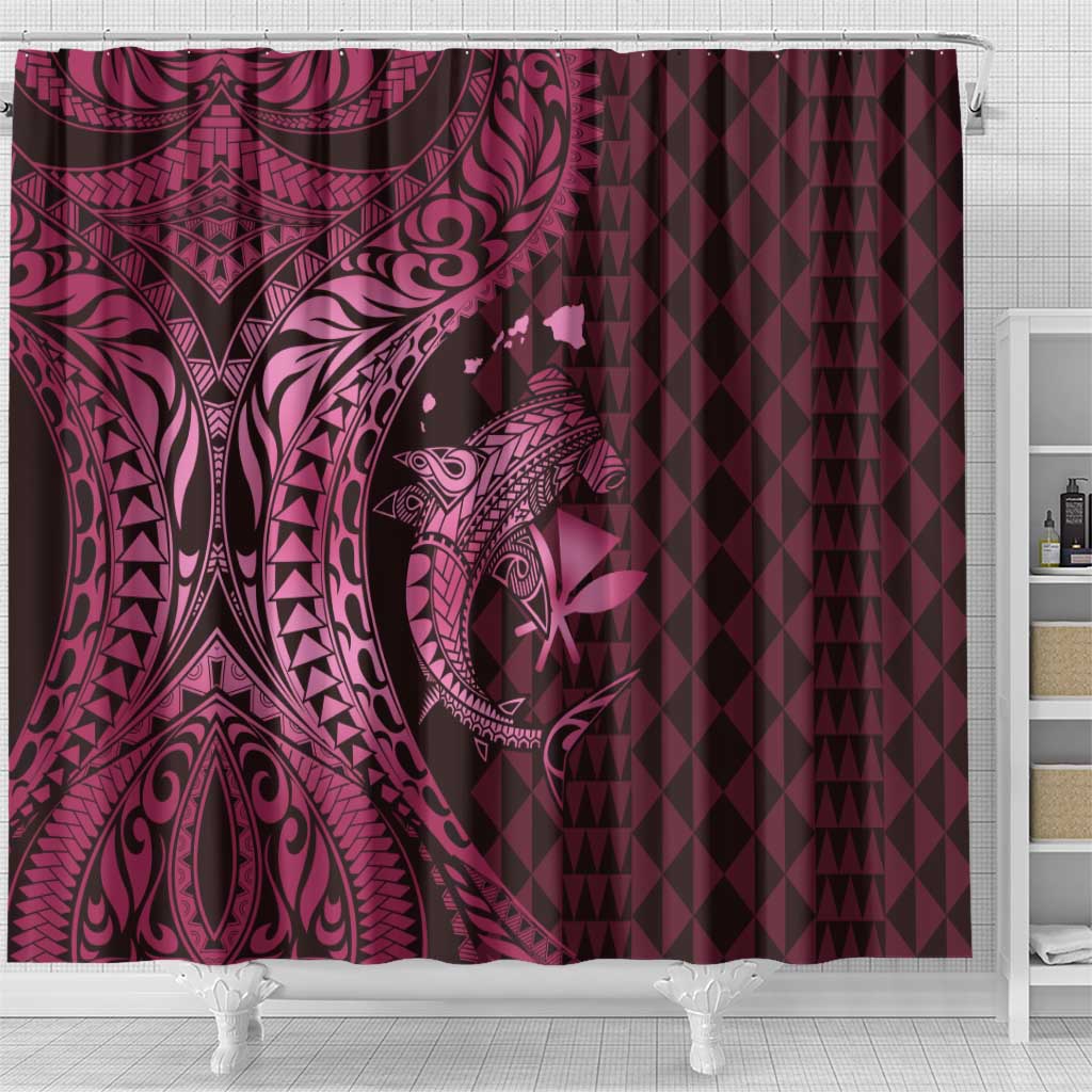 Aloha Hawaii Hammerhead Shark Shower Curtain Pink Kakau and Polynesian Tattoo LT03