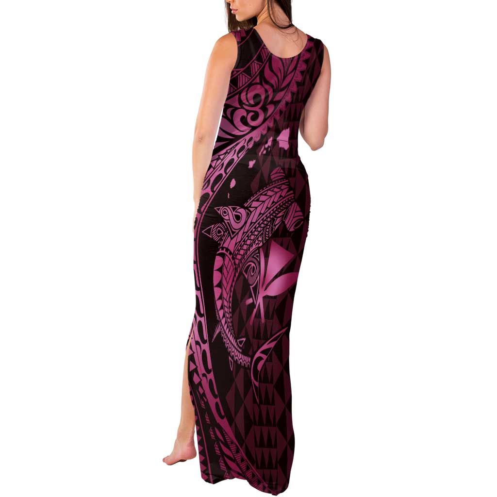 Aloha Hawaii Hammerhead Shark Tank Maxi Dress Pink Kakau and Polynesian Tattoo LT03