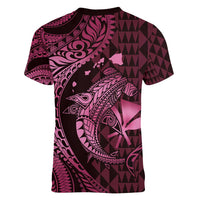 Aloha Hawaii Hammerhead Shark Women V-Neck T-Shirt Pink Kakau and Polynesian Tattoo LT03