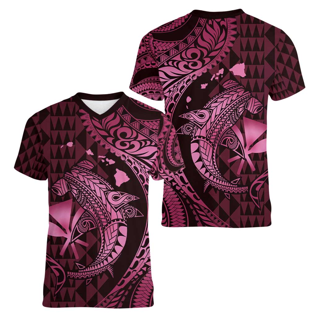 Aloha Hawaii Hammerhead Shark Women V-Neck T-Shirt Pink Kakau and Polynesian Tattoo LT03