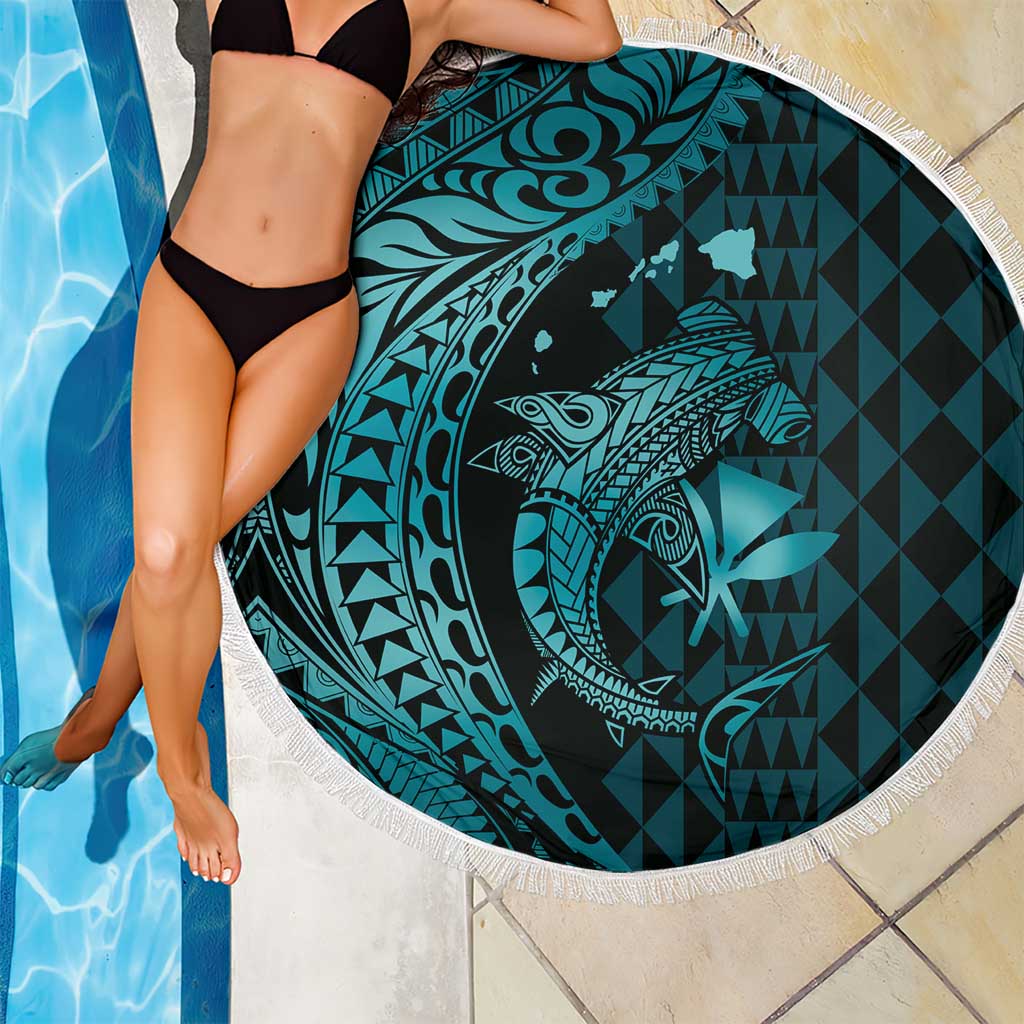 Aloha Hawaii Hammerhead Shark Beach Blanket Turquoise Kakau and Polynesian Tattoo LT03