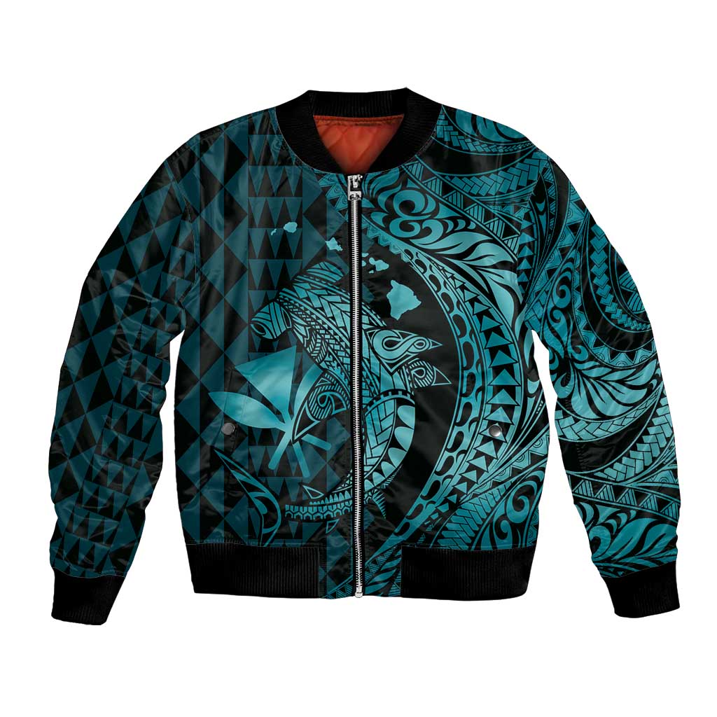 Aloha Hawaii Hammerhead Shark Bomber Jacket Turquoise Kakau and Polynesian Tattoo LT03 Unisex Turquoise - Polynesian Pride