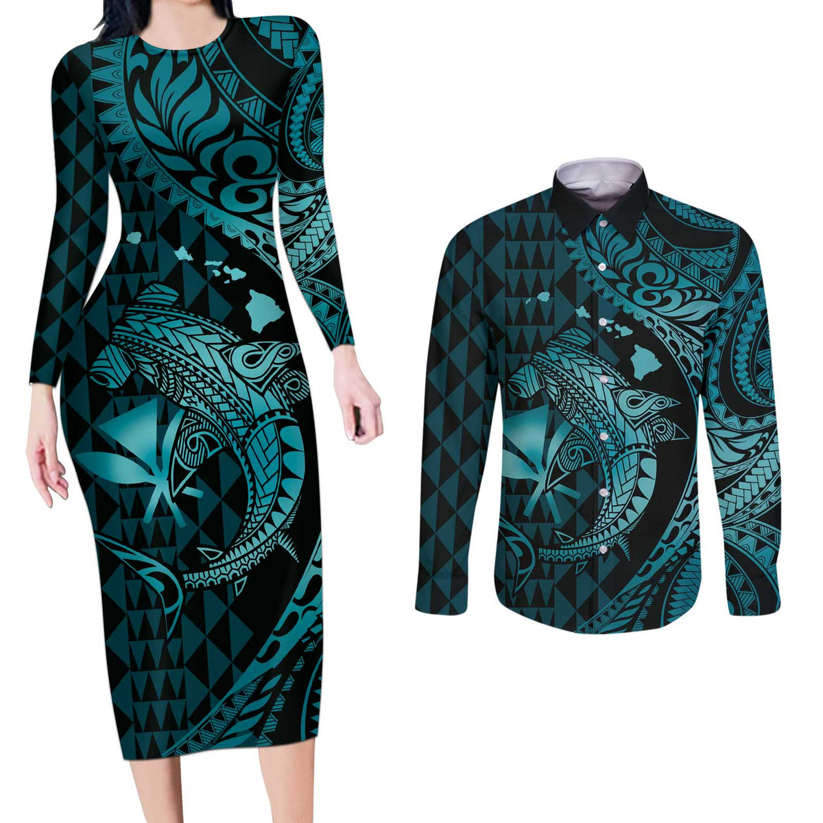 Aloha Hawaii Hammerhead Shark Couples Matching Long Sleeve Bodycon Dress and Long Sleeve Button Shirt Turquoise Kakau and Polynesian Tattoo LT03