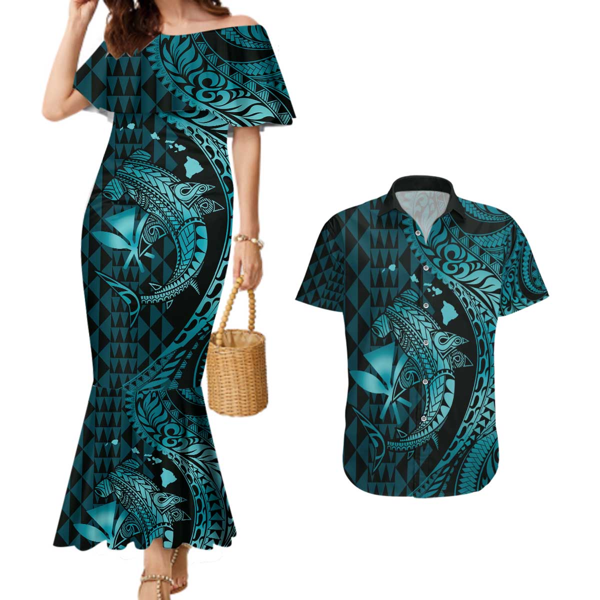 Aloha Hawaii Hammerhead Shark Couples Matching Mermaid Dress and Hawaiian Shirt Turquoise Kakau and Polynesian Tattoo LT03 Turquoise - Polynesian Pride