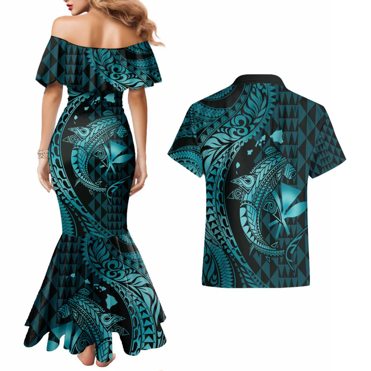 Aloha Hawaii Hammerhead Shark Couples Matching Mermaid Dress and Hawaiian Shirt Turquoise Kakau and Polynesian Tattoo LT03