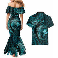 Aloha Hawaii Hammerhead Shark Couples Matching Mermaid Dress and Hawaiian Shirt Turquoise Kakau and Polynesian Tattoo LT03