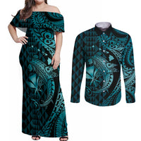Aloha Hawaii Hammerhead Shark Couples Matching Off Shoulder Maxi Dress and Long Sleeve Button Shirt Turquoise Kakau and Polynesian Tattoo LT03