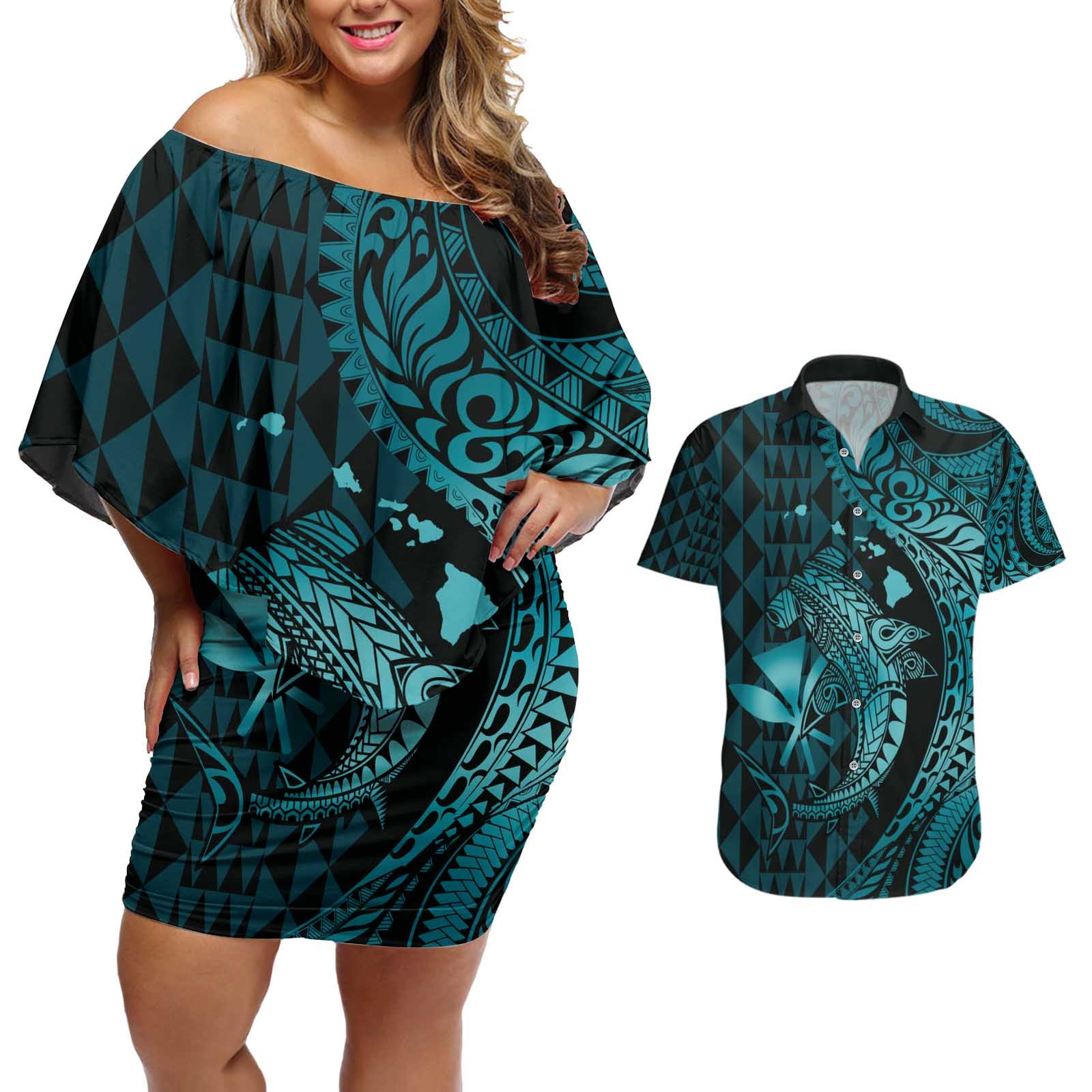 Aloha Hawaii Hammerhead Shark Couples Matching Off Shoulder Short Dress and Hawaiian Shirt Turquoise Kakau and Polynesian Tattoo LT03 Turquoise - Polynesian Pride