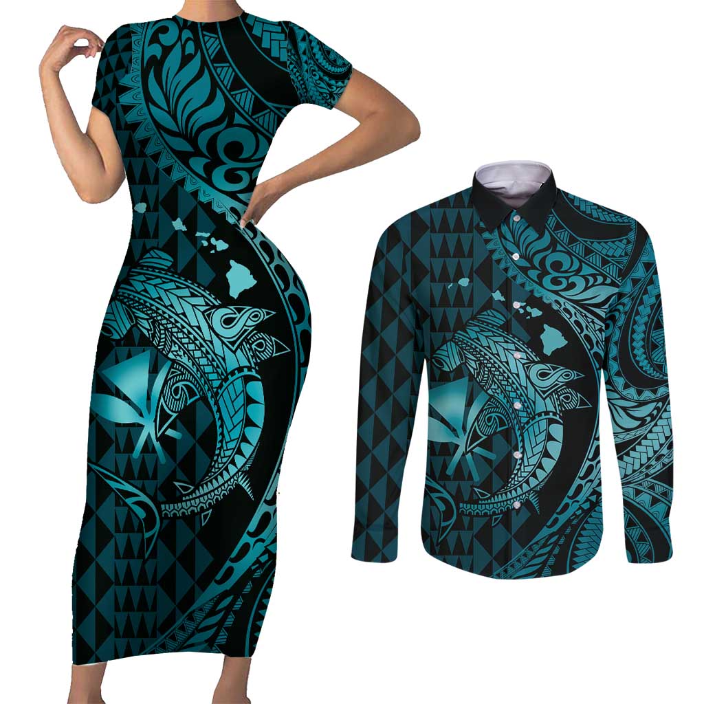 Aloha Hawaii Hammerhead Shark Couples Matching Short Sleeve Bodycon Dress and Long Sleeve Button Shirt Turquoise Kakau and Polynesian Tattoo LT03 Turquoise - Polynesian Pride