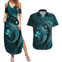 Aloha Hawaii Hammerhead Shark Couples Matching Summer Maxi Dress and Hawaiian Shirt Turquoise Kakau and Polynesian Tattoo LT03