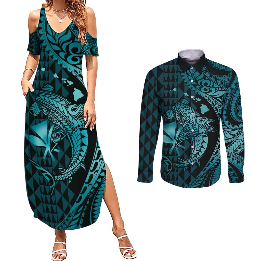 Aloha Hawaii Hammerhead Shark Couples Matching Summer Maxi Dress and Long Sleeve Button Shirt Turquoise Kakau and Polynesian Tattoo LT03 Turquoise - Polynesian Pride
