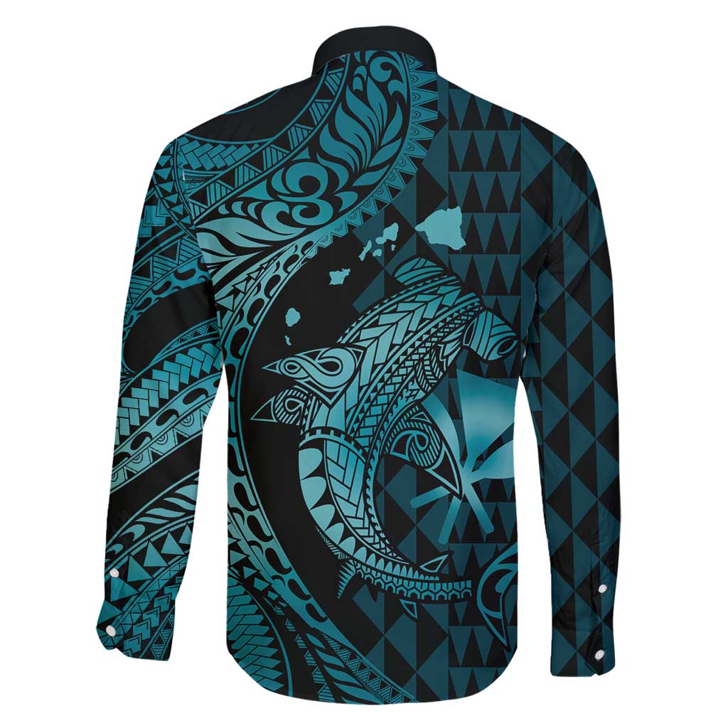 Aloha Hawaii Hammerhead Shark Family Matching Long Sleeve Bodycon Dress and Hawaiian Shirt Turquoise Kakau and Polynesian Tattoo LT03