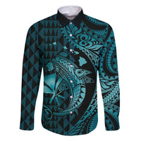 Aloha Hawaii Hammerhead Shark Family Matching Mermaid Dress and Hawaiian Shirt Turquoise Kakau and Polynesian Tattoo LT03 Dad's Shirt - Long Sleeve Turquoise - Polynesian Pride
