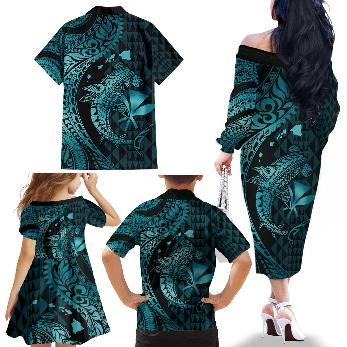 Aloha Hawaii Hammerhead Shark Family Matching Off The Shoulder Long Sleeve Dress and Hawaiian Shirt Turquoise Kakau and Polynesian Tattoo LT03