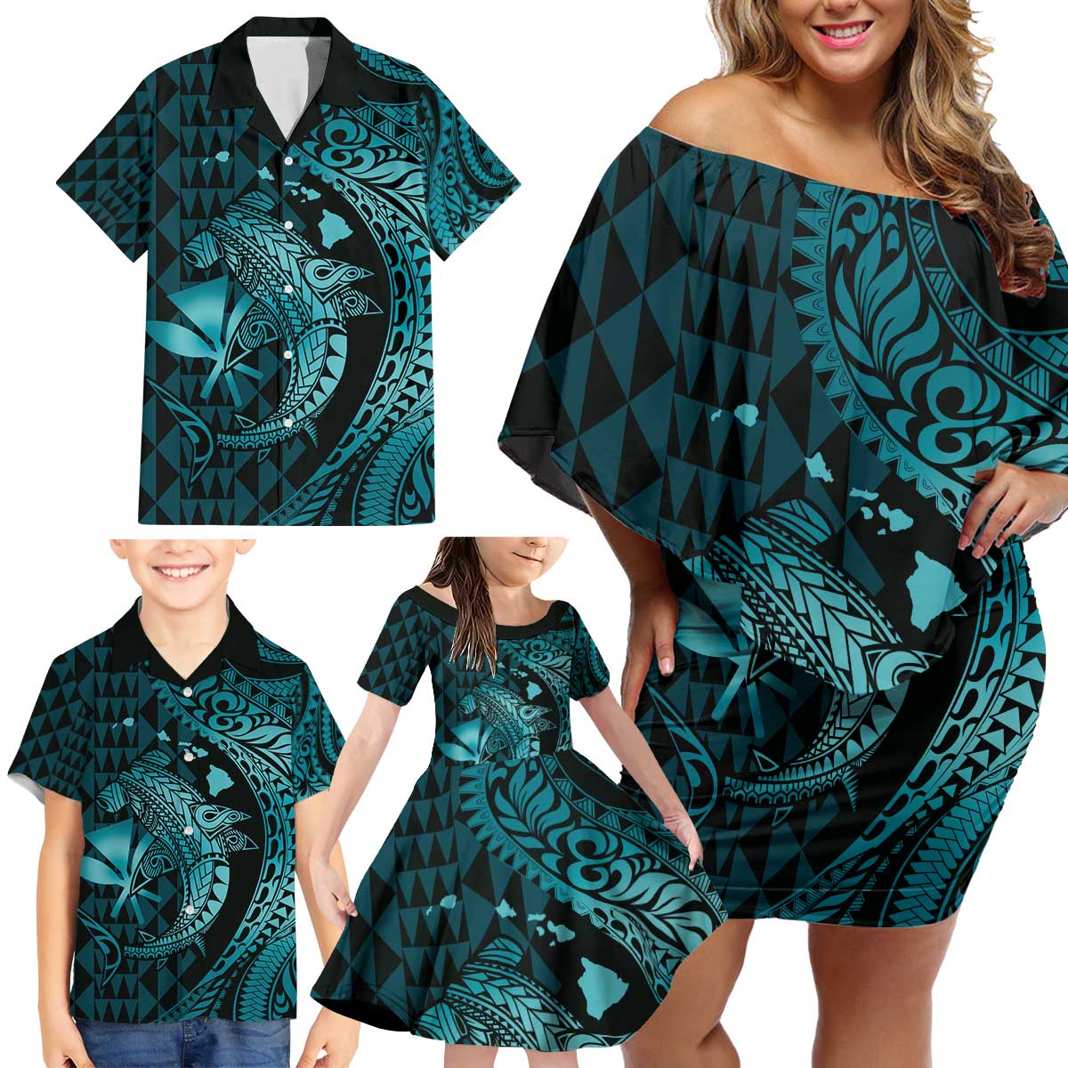 Aloha Hawaii Hammerhead Shark Family Matching Off Shoulder Short Dress and Hawaiian Shirt Turquoise Kakau and Polynesian Tattoo LT03 - Polynesian Pride