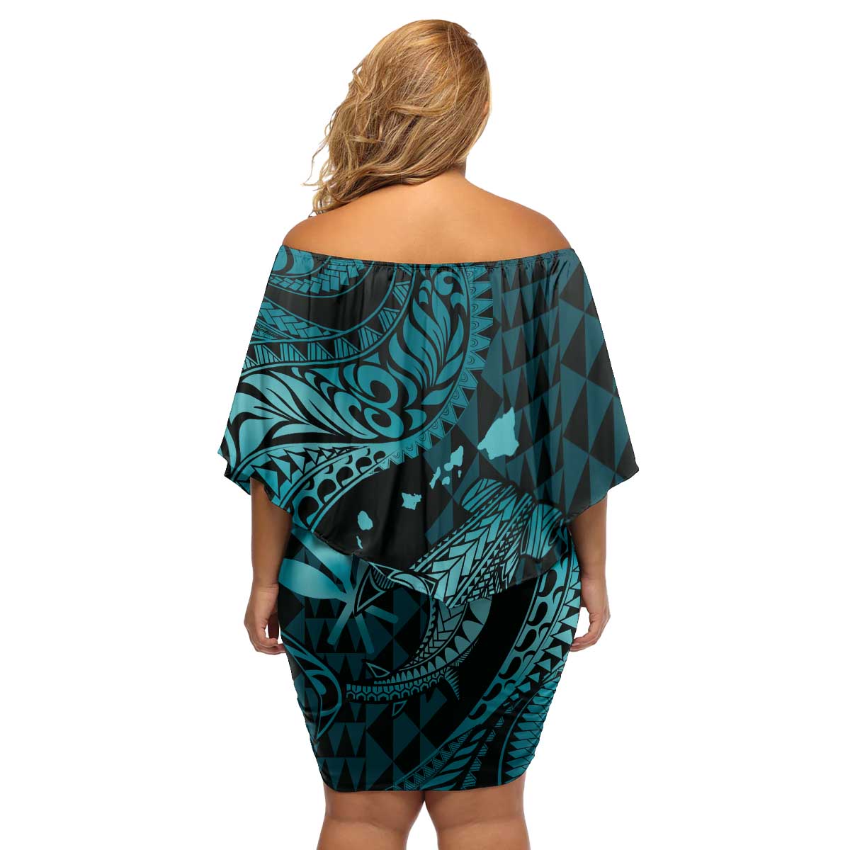 Aloha Hawaii Hammerhead Shark Family Matching Off Shoulder Short Dress and Hawaiian Shirt Turquoise Kakau and Polynesian Tattoo LT03