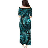 Aloha Hawaii Hammerhead Shark Family Matching Puletasi and Hawaiian Shirt Turquoise Kakau and Polynesian Tattoo LT03