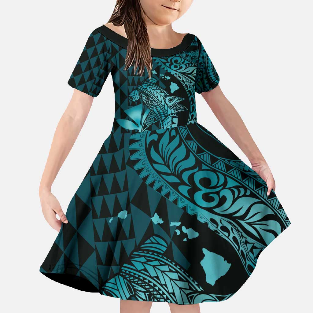 Aloha Hawaii Hammerhead Shark Family Matching Tank Maxi Dress and Hawaiian Shirt Turquoise Kakau and Polynesian Tattoo LT03 Daughter's Dress Turquoise - Polynesian Pride