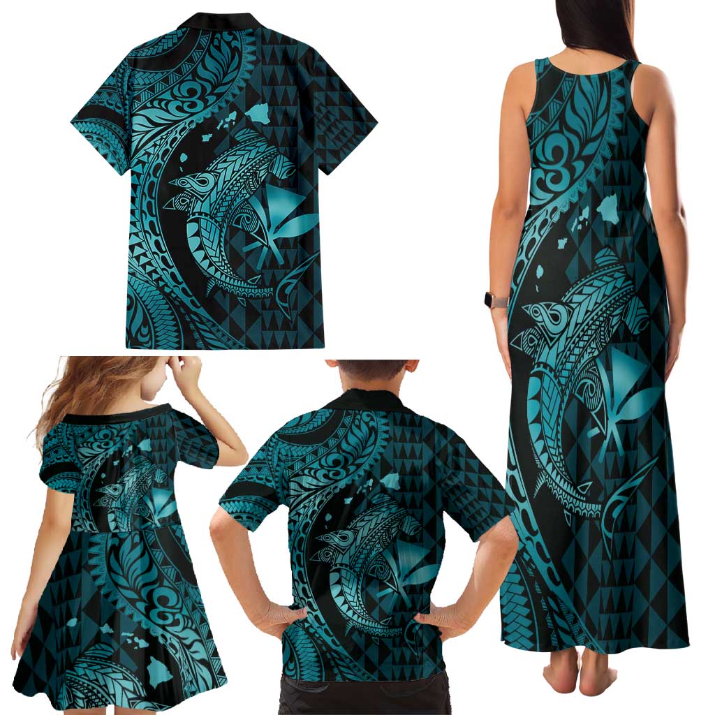Aloha Hawaii Hammerhead Shark Family Matching Tank Maxi Dress and Hawaiian Shirt Turquoise Kakau and Polynesian Tattoo LT03 - Polynesian Pride