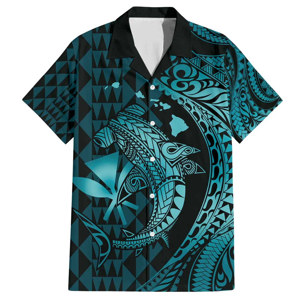 Aloha Hawaii Hammerhead Shark Family Matching Tank Maxi Dress and Hawaiian Shirt Turquoise Kakau and Polynesian Tattoo LT03 Dad's Shirt - Short Sleeve Turquoise - Polynesian Pride