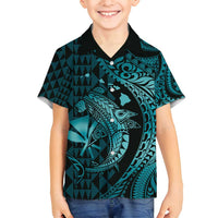 Aloha Hawaii Hammerhead Shark Family Matching Tank Maxi Dress and Hawaiian Shirt Turquoise Kakau and Polynesian Tattoo LT03 Son's Shirt Turquoise - Polynesian Pride