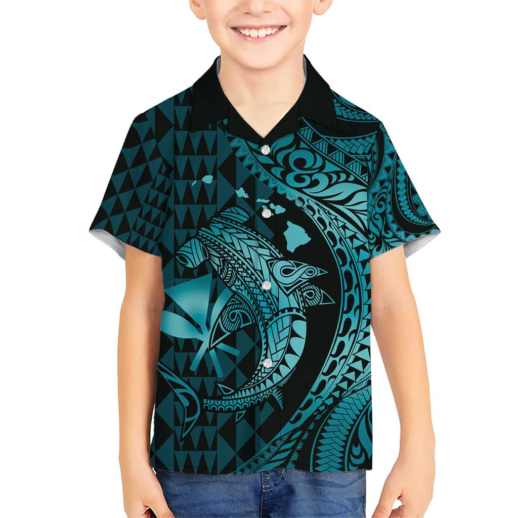 Aloha Hawaii Hammerhead Shark Kid Hawaiian Shirt Turquoise Kakau and Polynesian Tattoo LT03