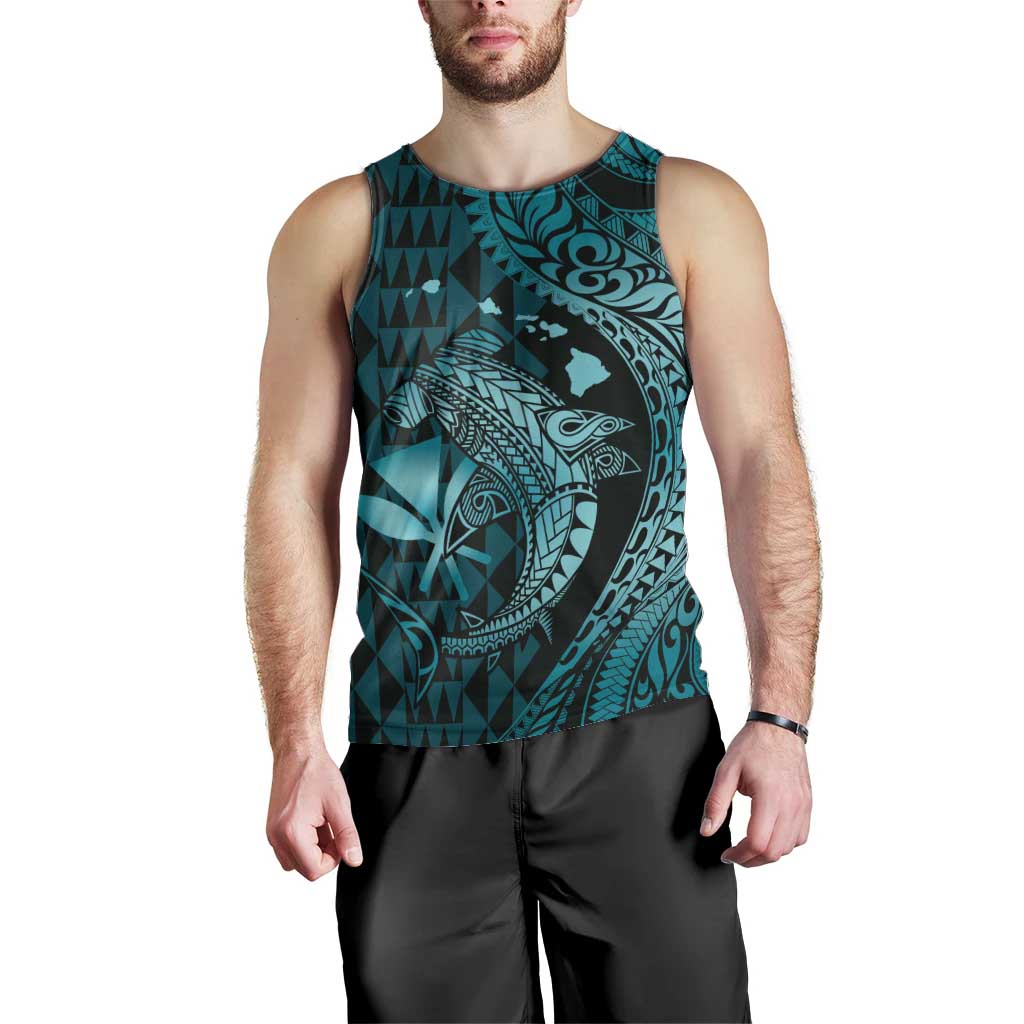 Aloha Hawaii Hammerhead Shark Men Tank Top Turquoise Kakau and Polynesian Tattoo LT03