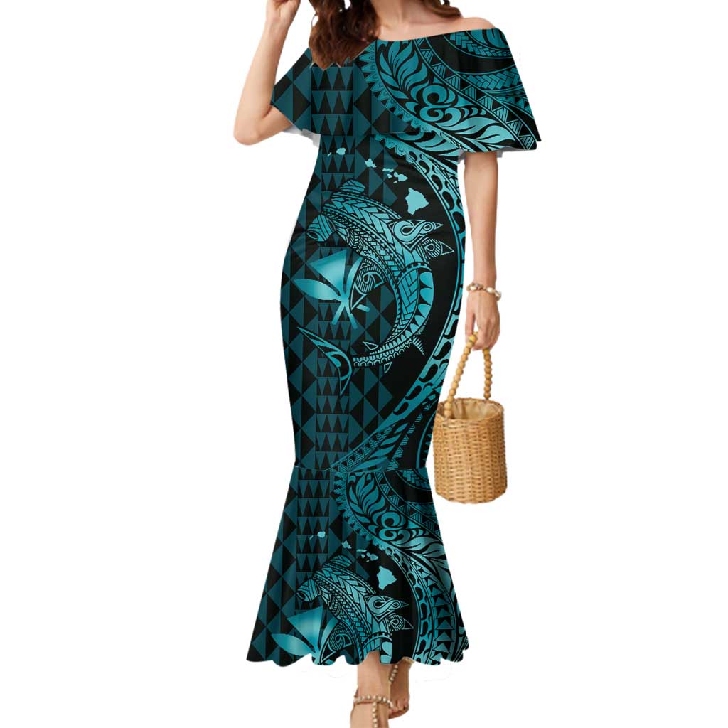 Aloha Hawaii Hammerhead Shark Mermaid Dress Turquoise Kakau and Polynesian Tattoo LT03 Women Turquoise - Polynesian Pride
